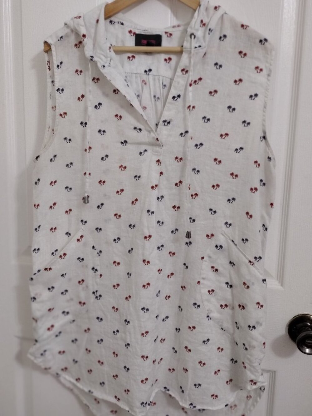 For Cynthia Beachwear Linen Hooded Tunic Sleeveless Palm Print Cover Up - Picture 3 of 8